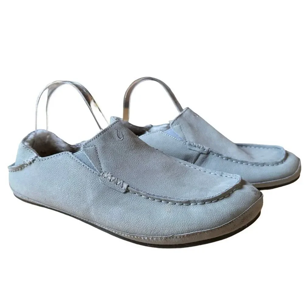 Olukai Moloa Slipper Sea Foam Green Leather Sheep Fur Lining Loafers Shoes 11